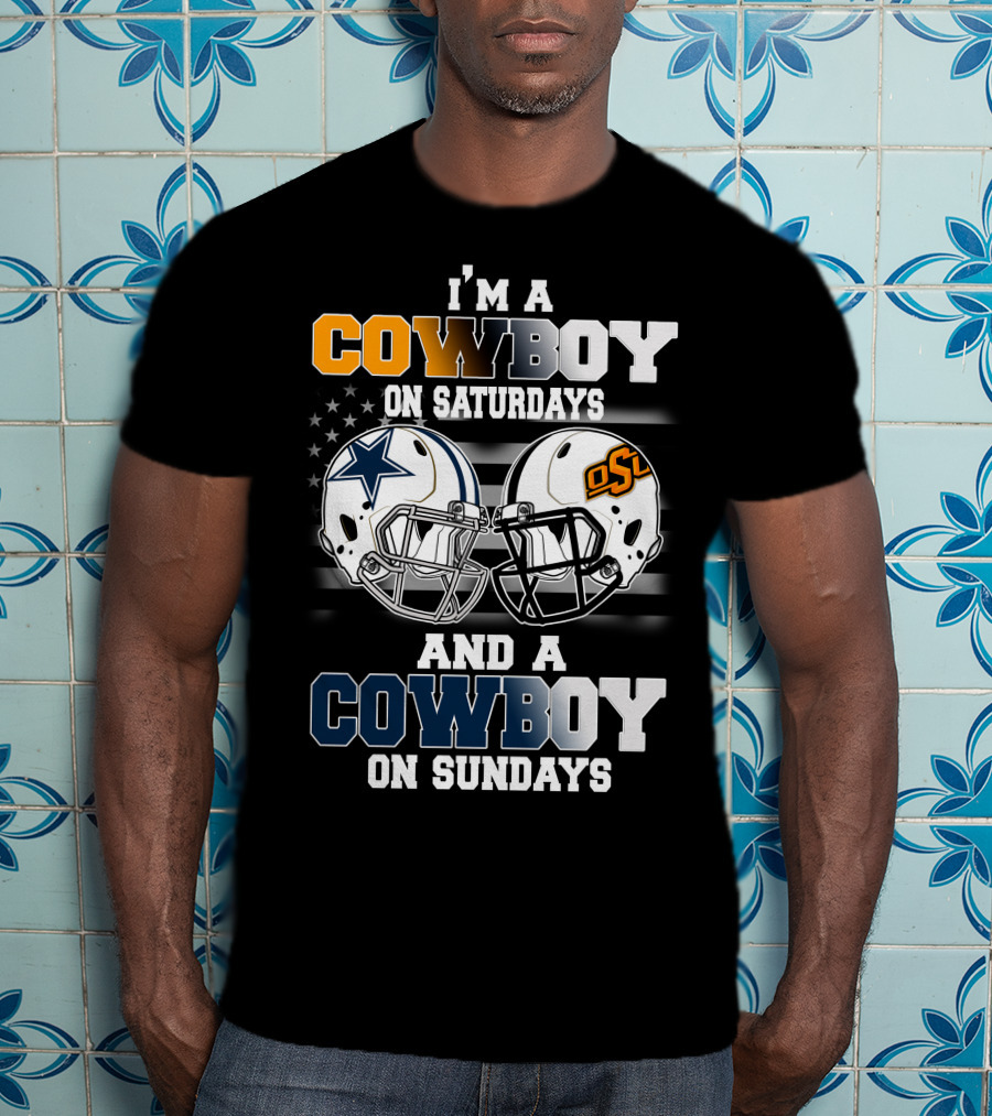 I'm A Cowboy Osu On Saturdays And A Cowboy On Sundays Football Helmets American Flag T-Shirt