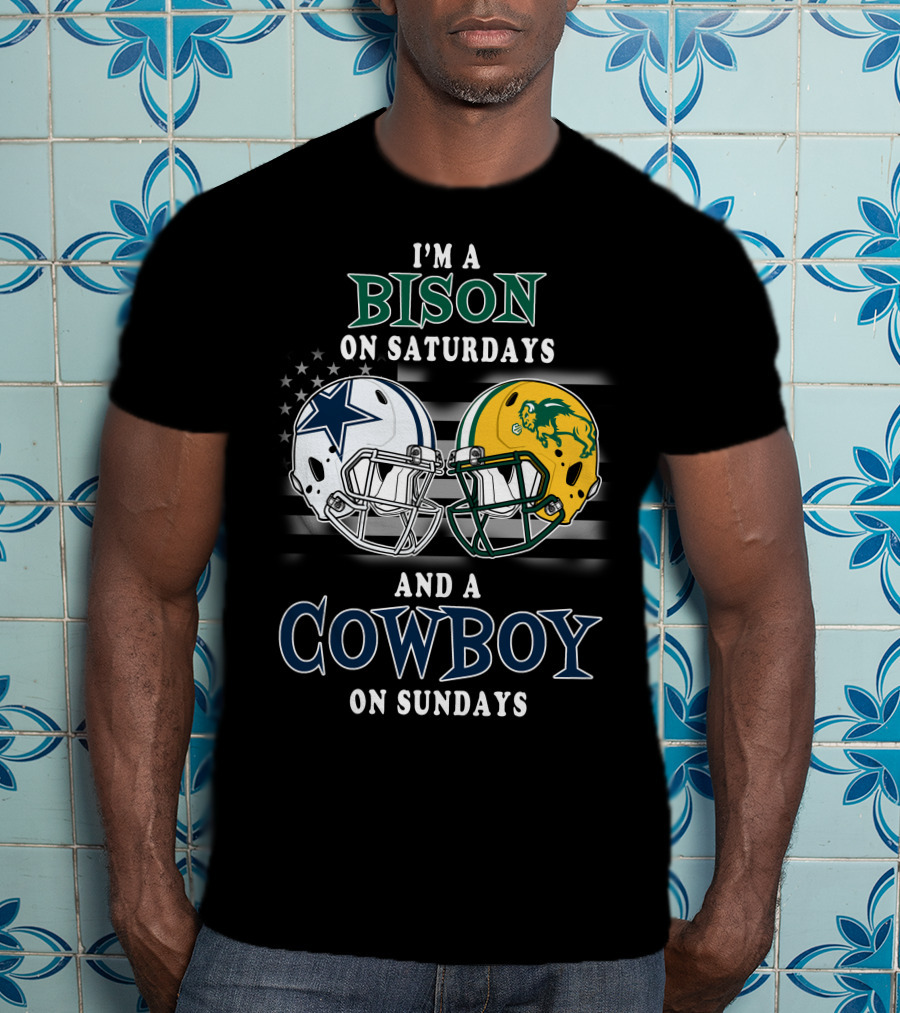 I'm A Bison On Saturdays And A Cowboy On Sundays Football Helmets American Flag T-Shirt