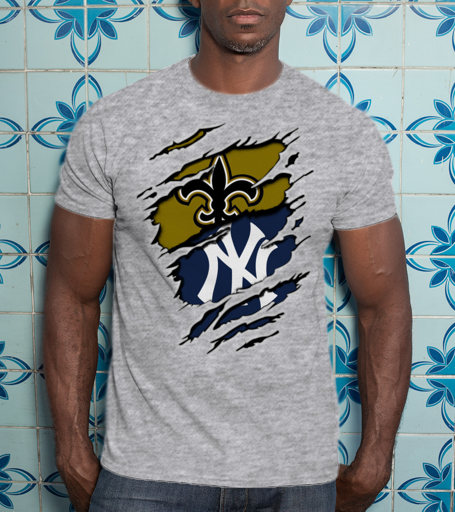 Saints Yankees Fleur-de-Lis And Interlocking NY Symbol Torn T-Shirt