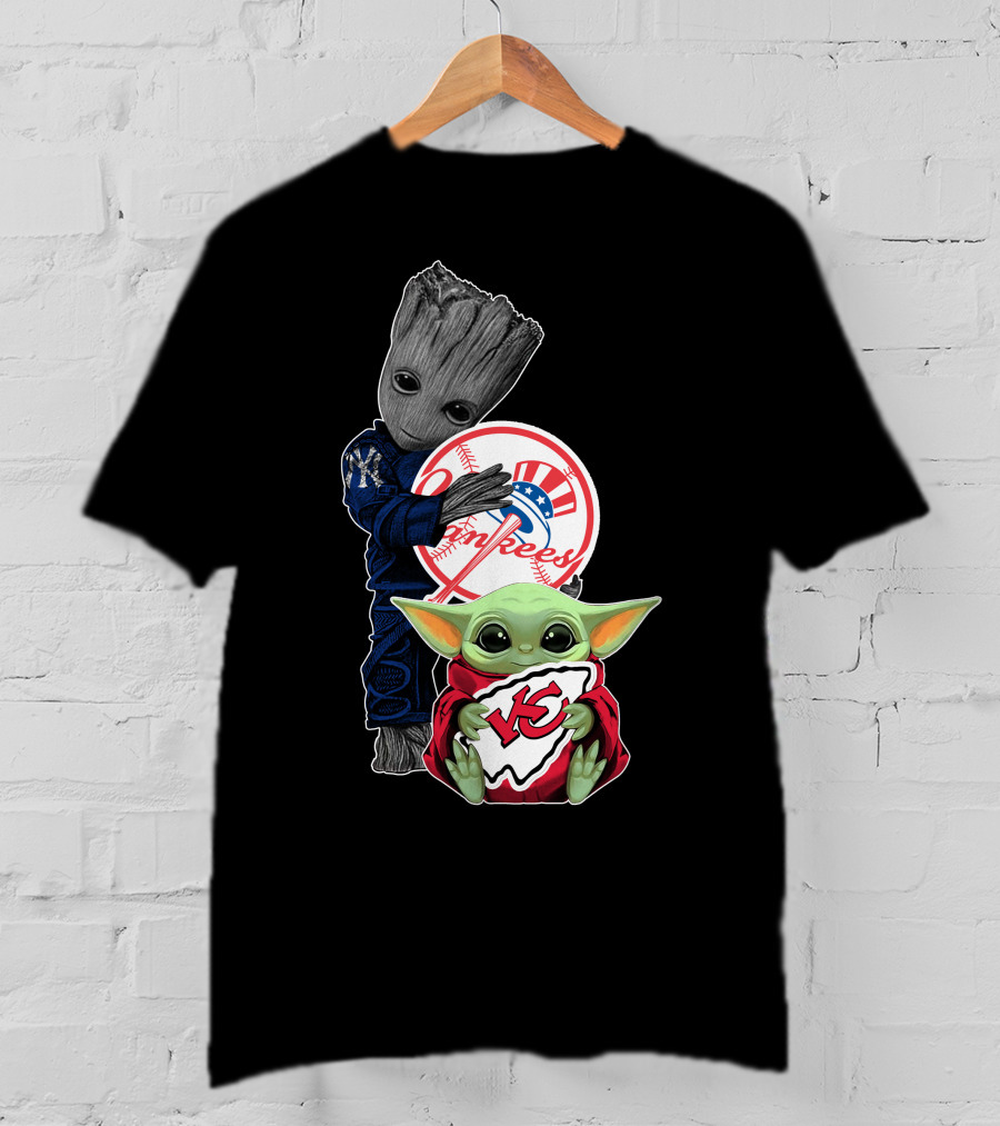 Yankees And Chiefs Baby Groot Mandalorian Mashup T-Shirt