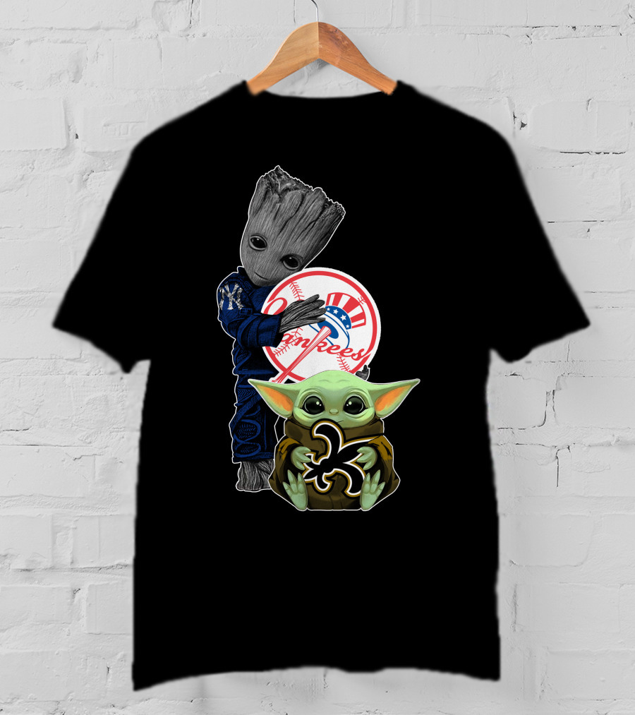 Yankees Groot Baby Yoda Saints Fleur-De-Lis T-Shirt