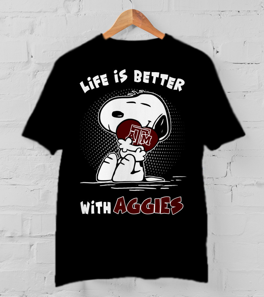 Life Is Better With Aggies Texas A&M Snoopy Hugging Football T-Shirt