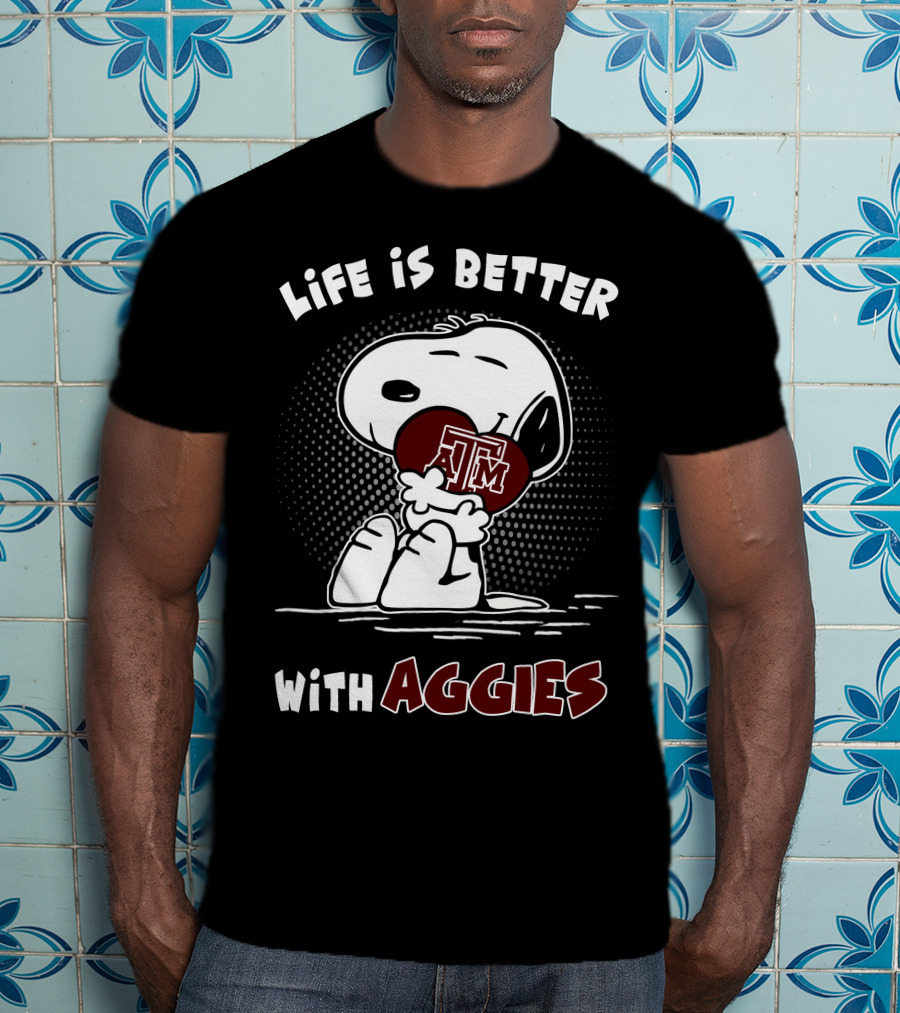Life Is Better With Aggies Texas A&M Snoopy Hugging Football T-Shirt