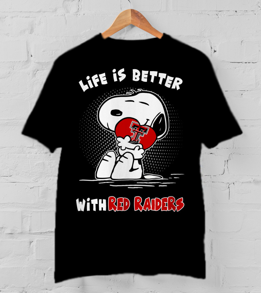 Life Is Better With Red Raiders Snoopy Hugging Texas Tech Heart T-Shirt