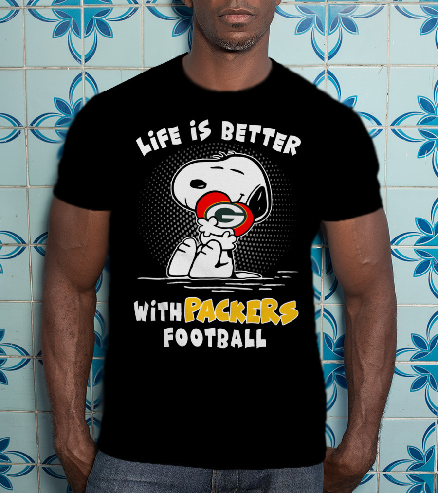 Life Is Better With Packers Football Snoopy Hugging Packers Helmet T-Shirt