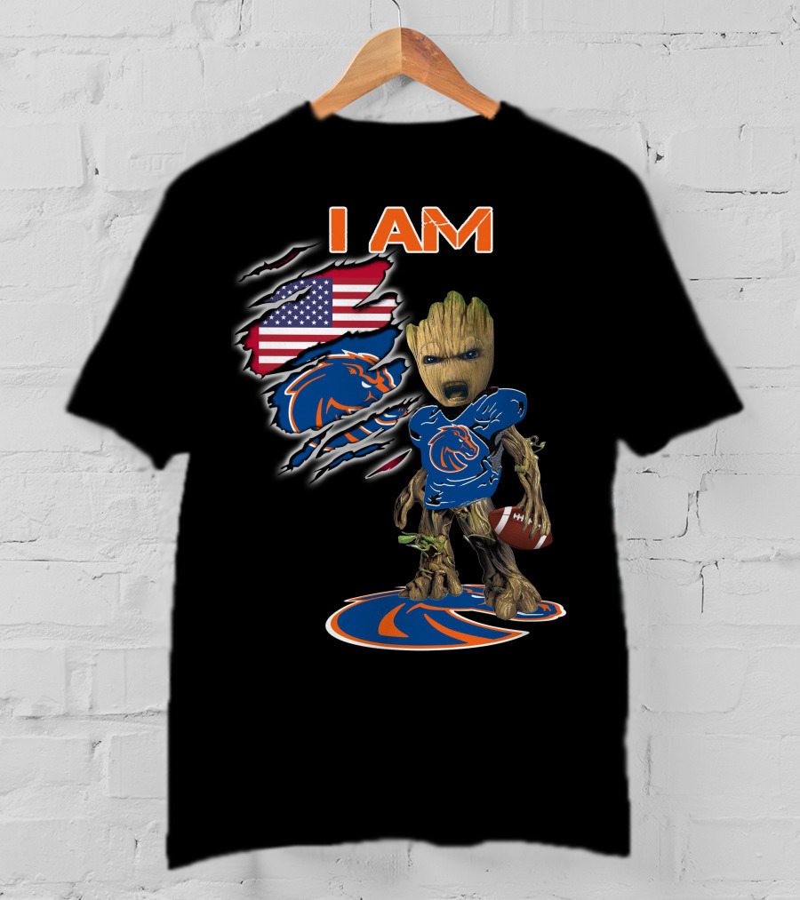 I Am Boise State Broncos Baby Groot Football American Flag T-Shirt
