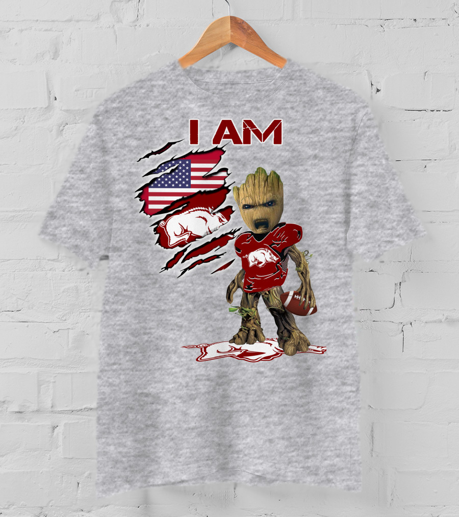 I Am Arkansas Baby Groot Razorbacks Football USA Flag T-Shirt