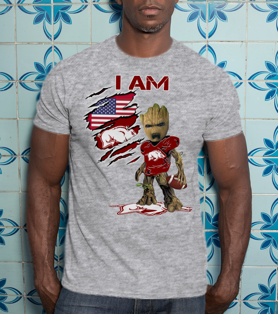 I Am Arkansas Baby Groot Razorbacks Football USA Flag T-Shirt