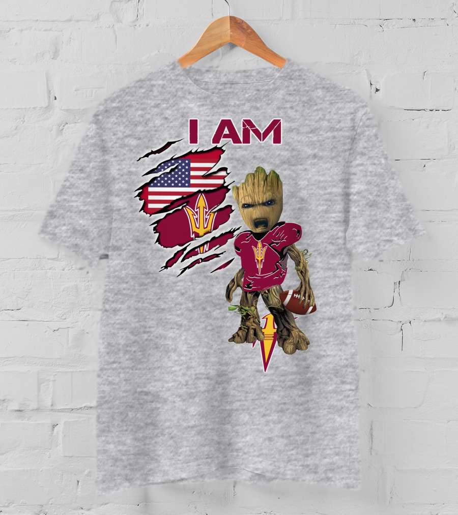 I Am Asu Baby Groot Arizona State University Football Fan Art American Flag T-Shirt