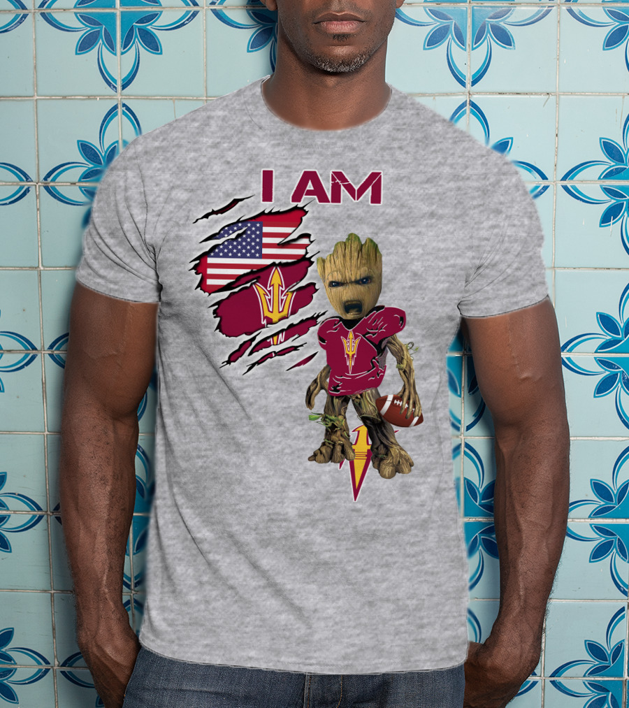 I Am Asu Baby Groot Arizona State University Football Fan Art American Flag T-Shirt