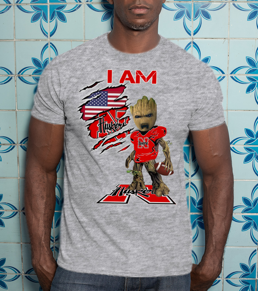 I Am Husker Baby Groot Football USA Flag T-Shirt