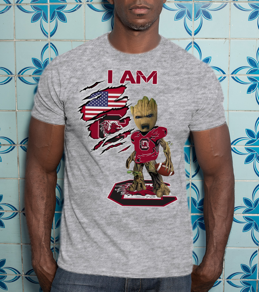 I Am Gamecocks Baby Groot Football American Flag T-Shirt