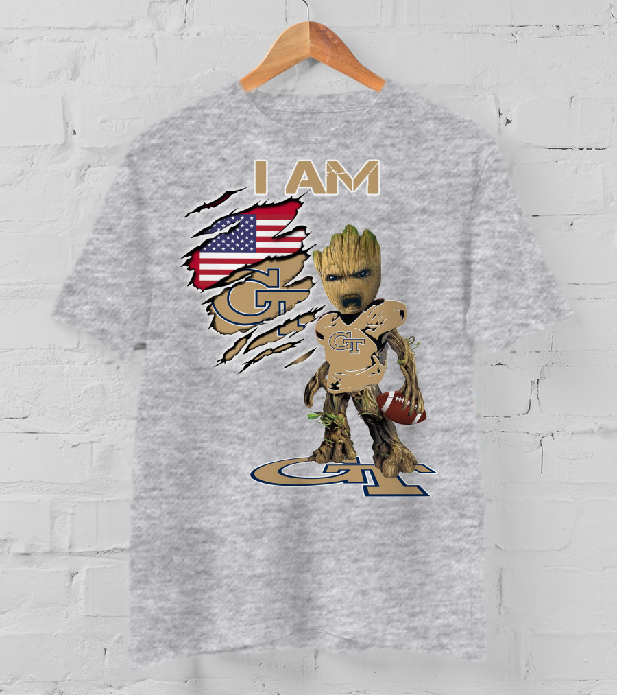 I Am Georgia Tech GT Baby Groot American Flag Football T-Shirt
