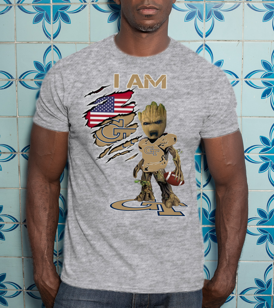 I Am Georgia Tech GT Baby Groot American Flag Football T-Shirt