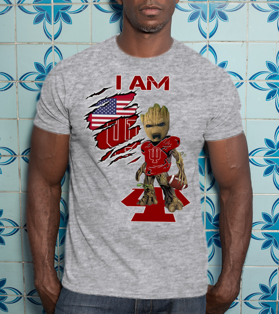 I Am Iu Hoosiers Baby Groot American Flag Football T-Shirt