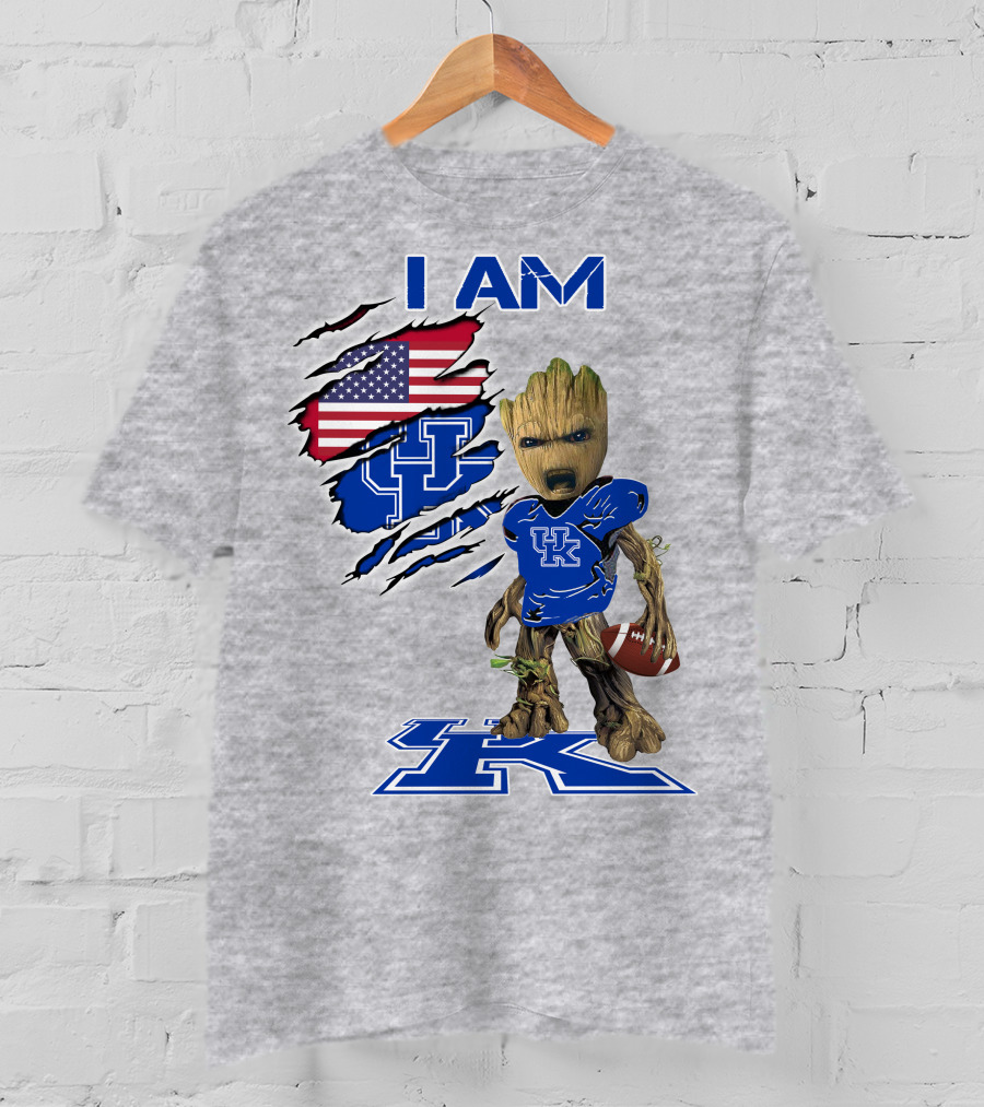 I AM Kentucky Baby Groot Football UK Logo American Flag T-Shirt