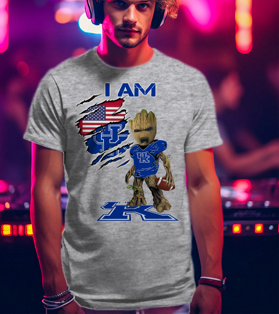 I AM Kentucky Baby Groot Football UK Logo American Flag T-Shirt