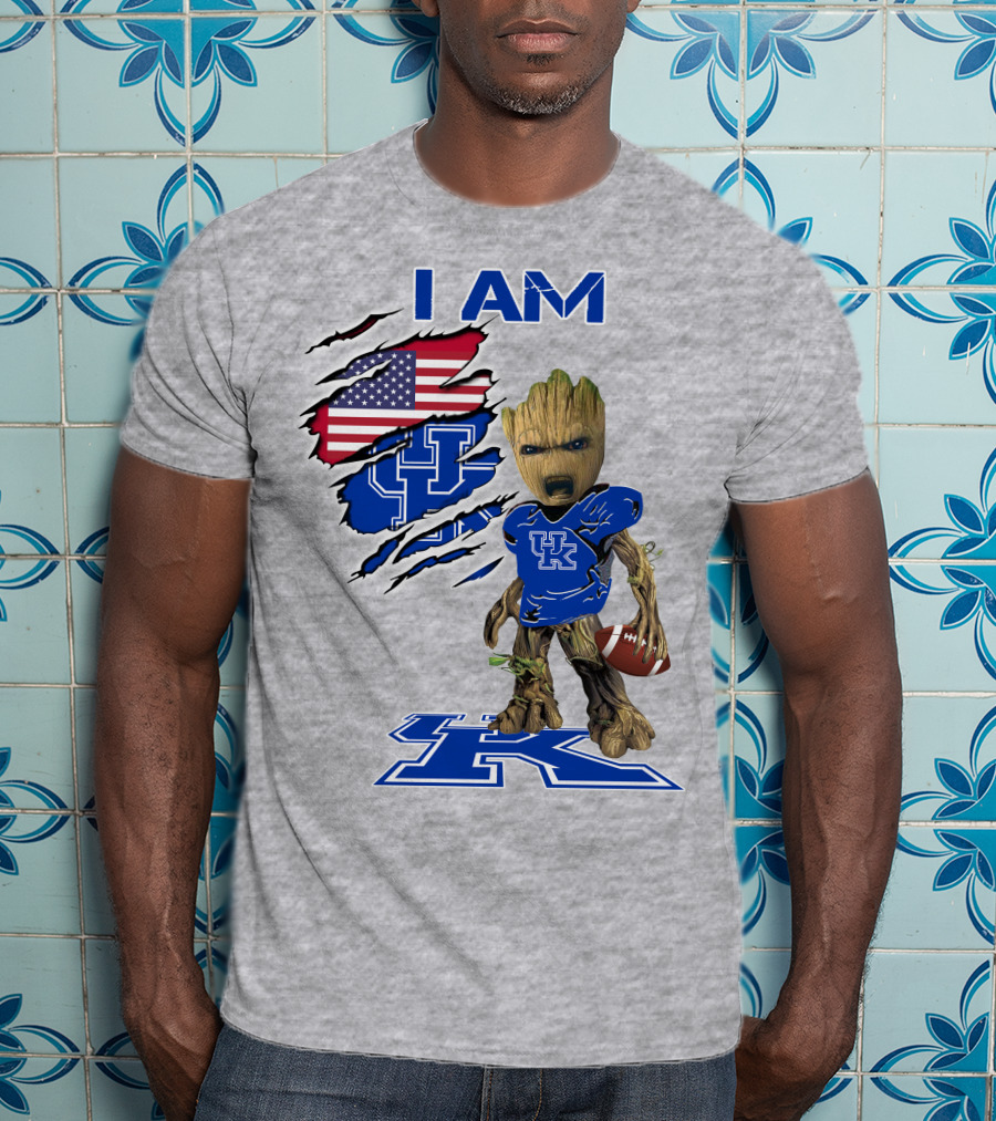 I AM Kentucky Baby Groot Football UK Logo American Flag T-Shirt