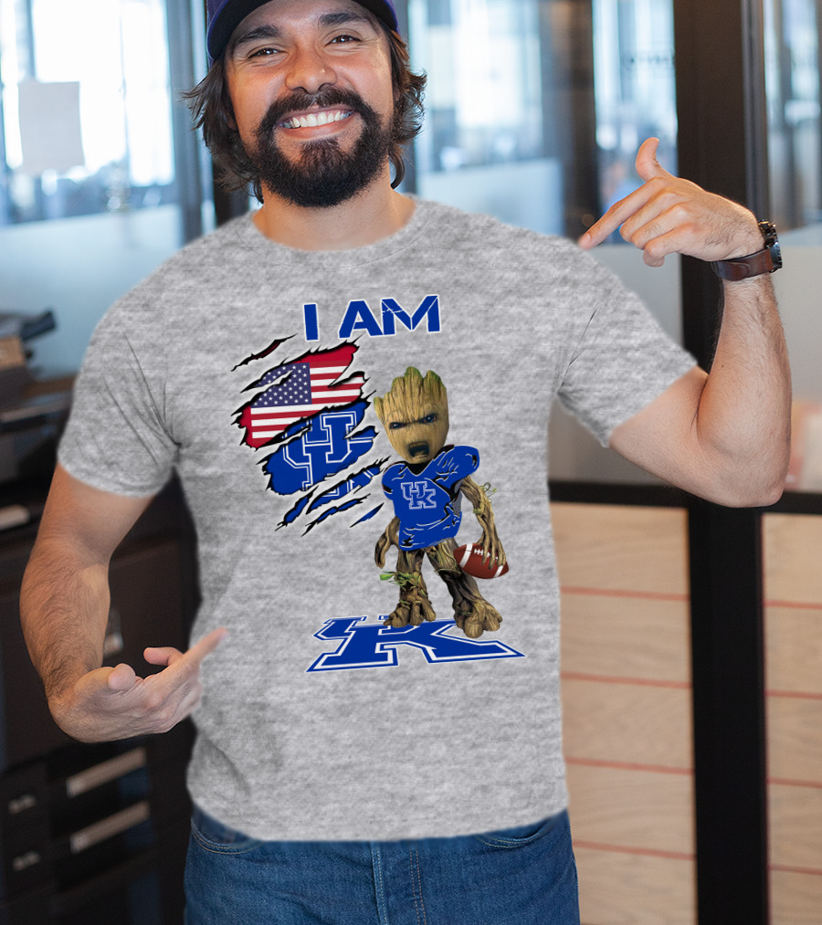 I AM Kentucky Baby Groot Football UK Logo American Flag T-Shirt