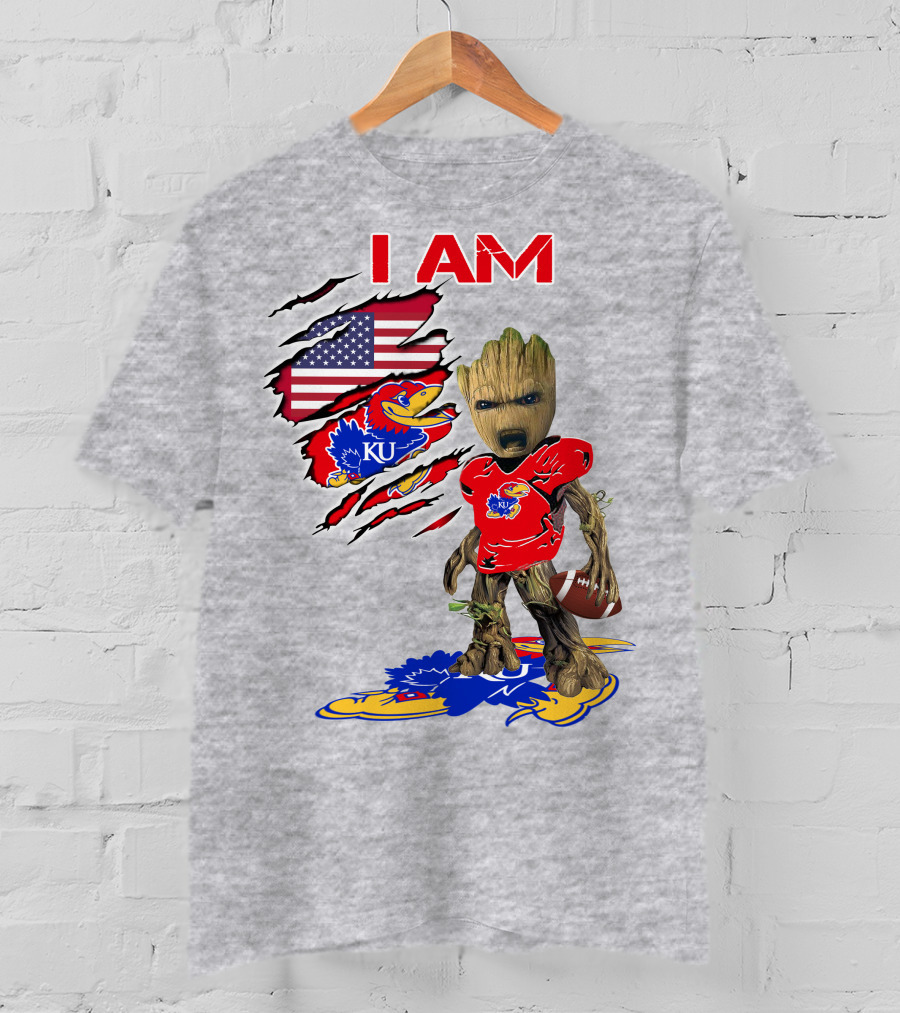 I AM KU Baby Groot Kansas Jayhawks Football Patriotic American Flag T-Shirt