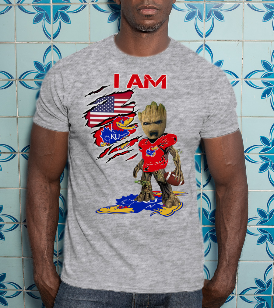 I AM KU Baby Groot Kansas Jayhawks Football Patriotic American Flag T-Shirt