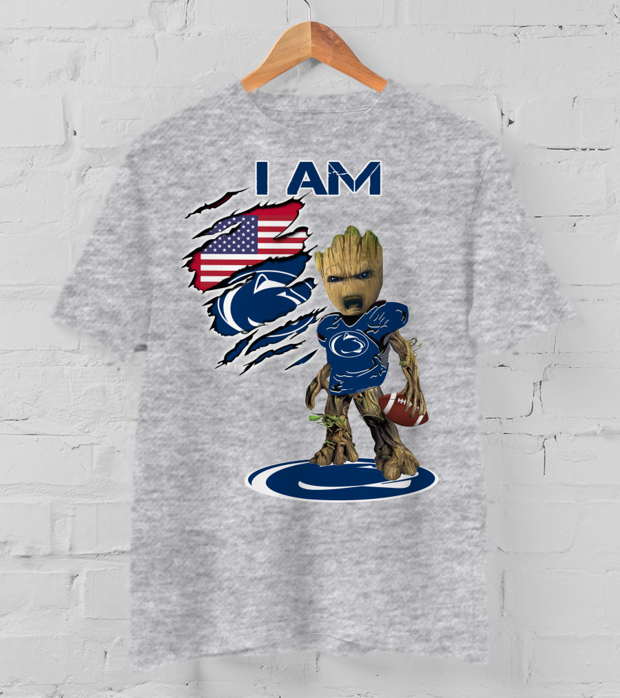 I Am Penn State Baby Groot American Flag Football T-Shirt