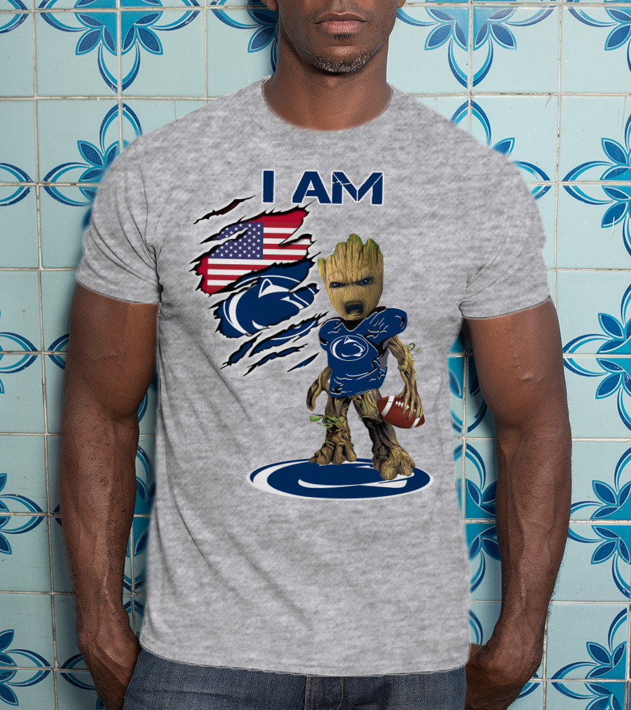 I Am Penn State Baby Groot American Flag Football T-Shirt