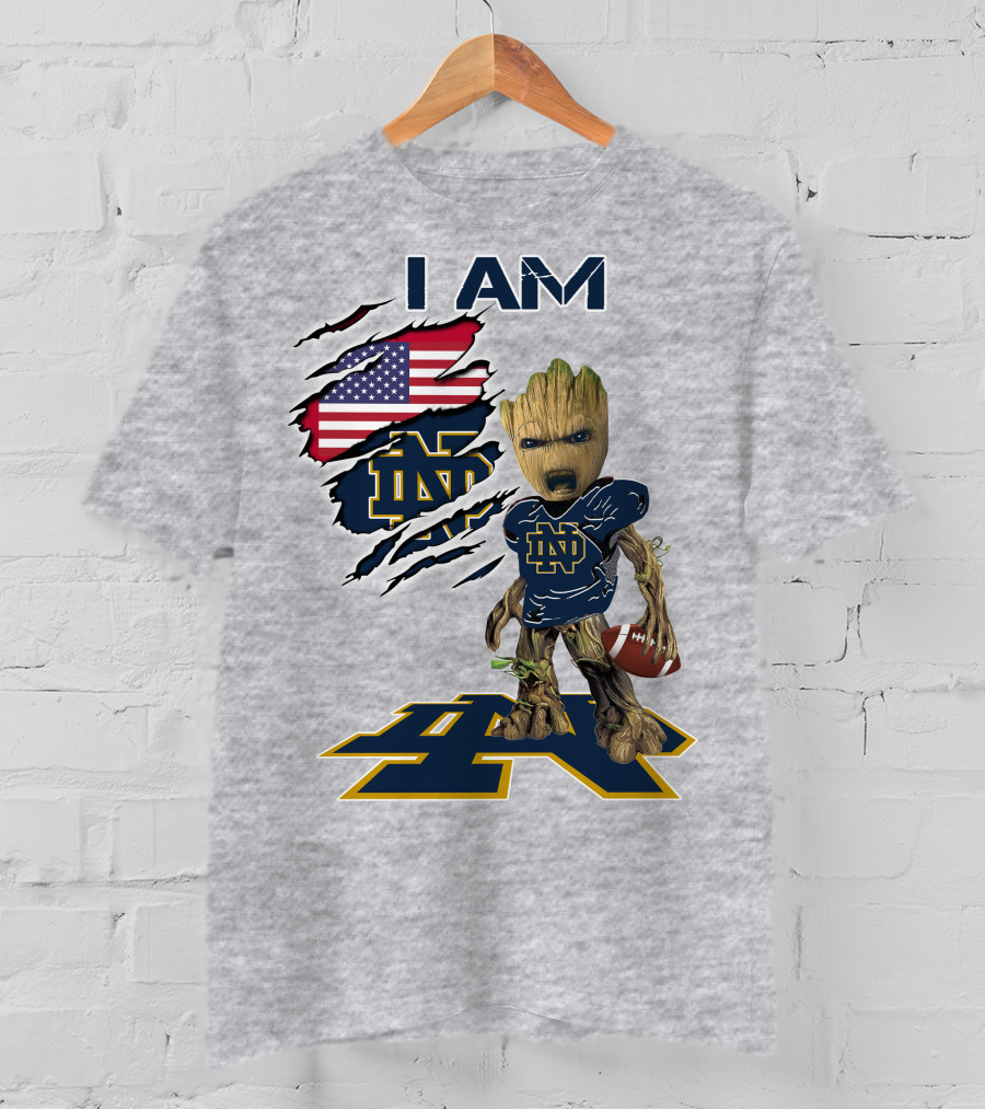 I Am Notre Dame Baby Groot American Flag Football T-Shirt
