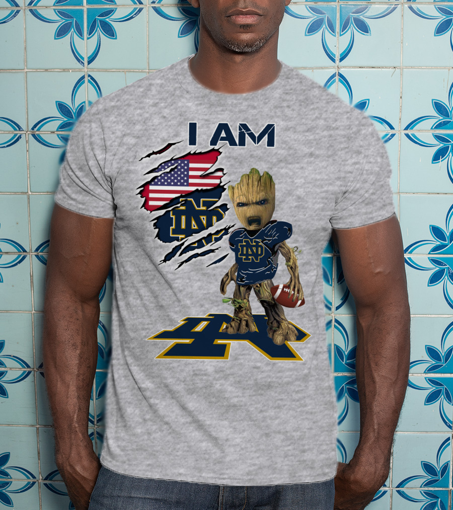 I Am Notre Dame Baby Groot American Flag Football T-Shirt
