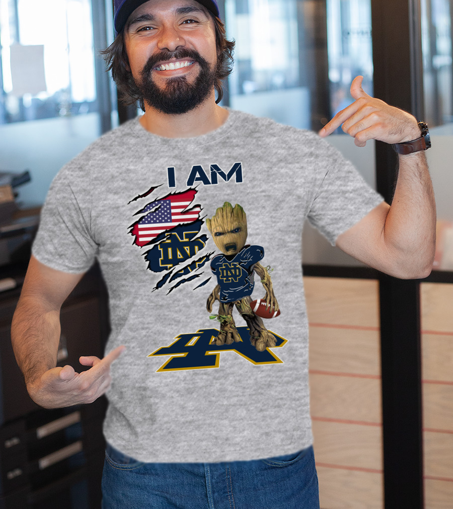 I Am Notre Dame Baby Groot American Flag Football T-Shirt