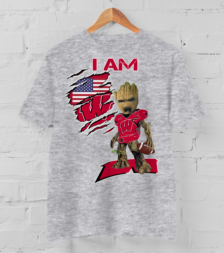 I Am Wisconsin Baby Groot Football W Logo American Flag T-Shirt