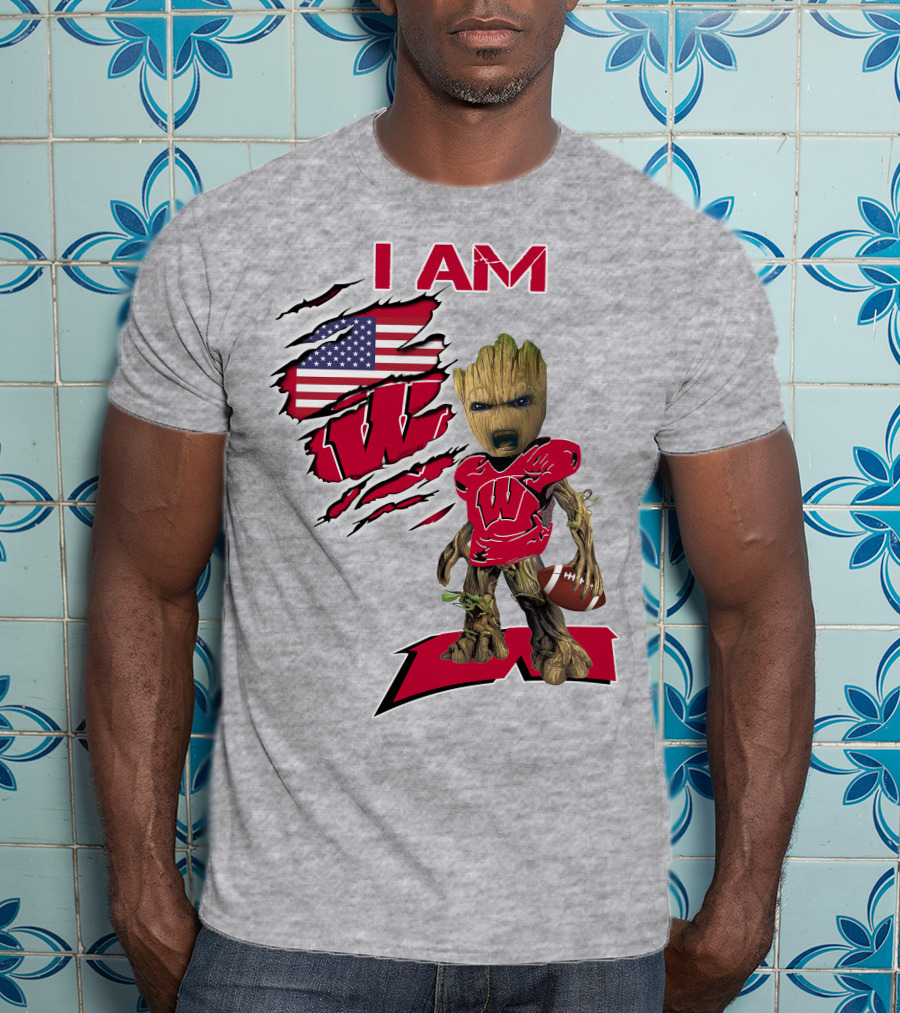 I Am Wisconsin Baby Groot Football W Logo American Flag T-Shirt