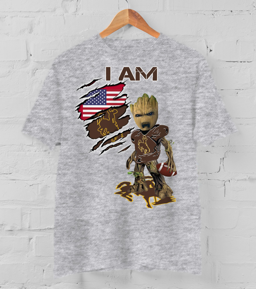 I AM Wyoming Baby Groot Football American Flag Cowboy T-Shirt