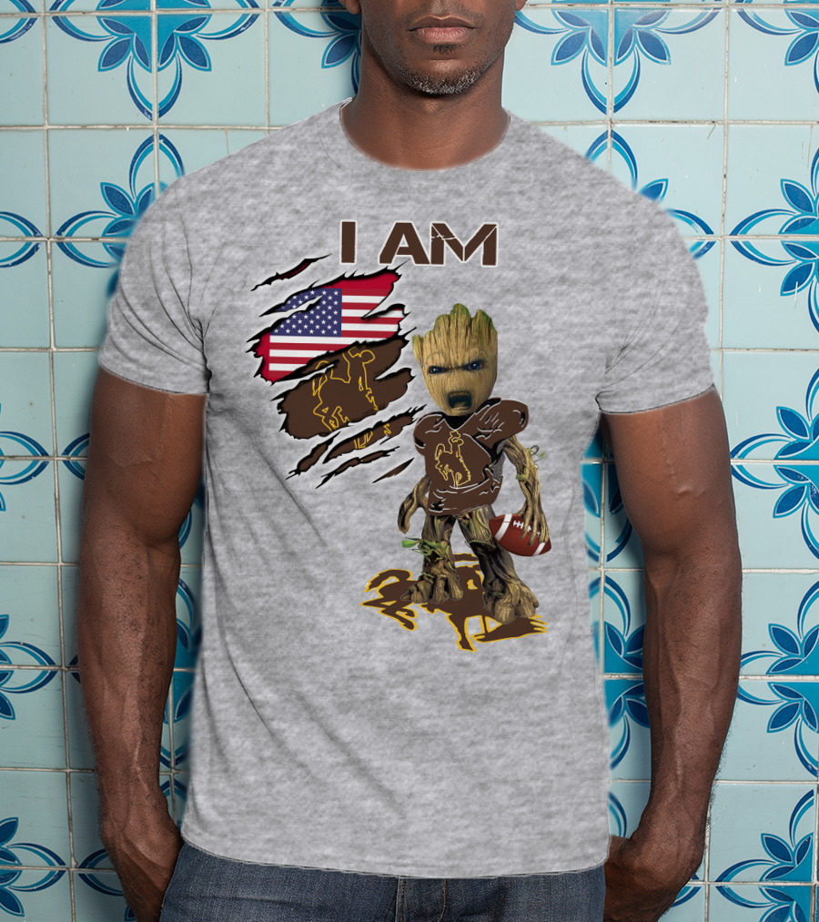 I AM Wyoming Baby Groot Football American Flag Cowboy T-Shirt