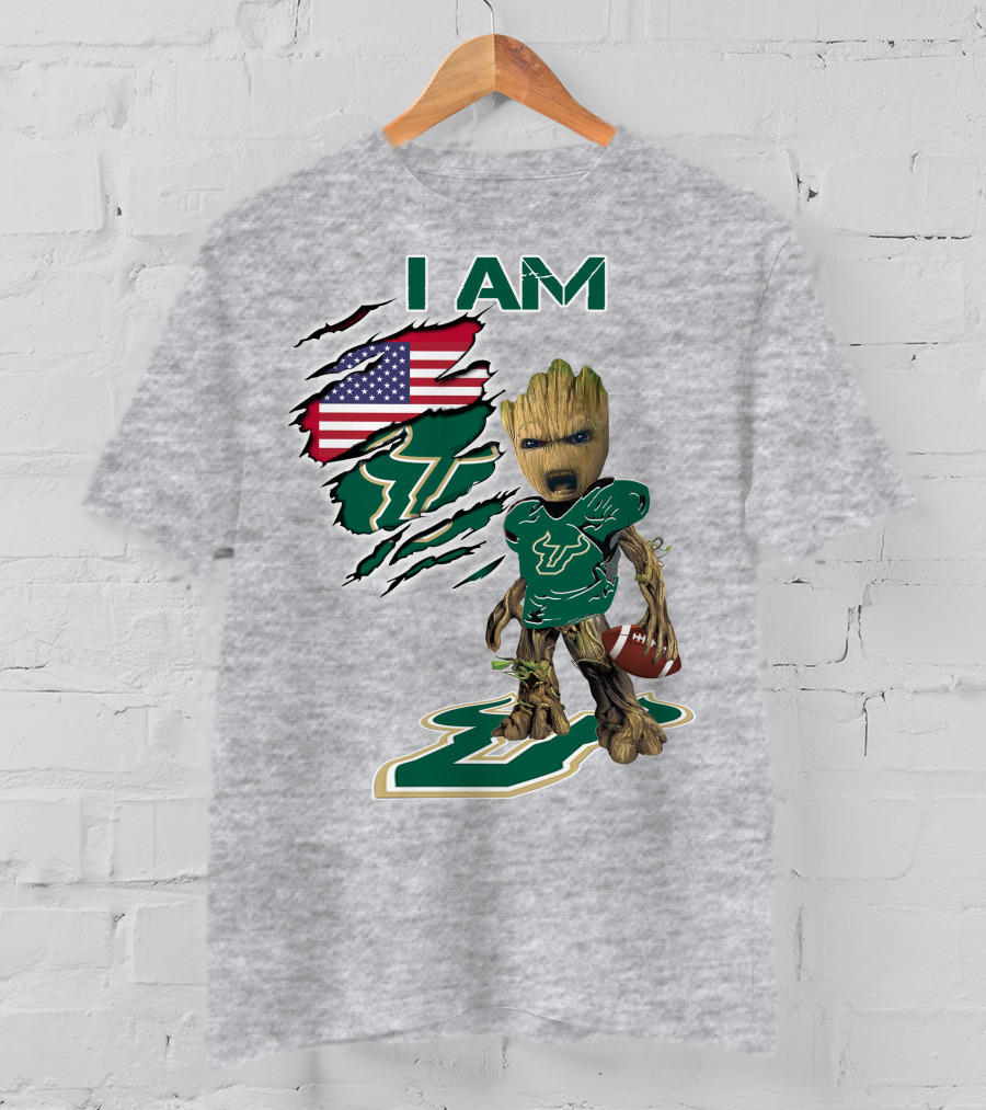 I AM USF Baby Groot Football American Flag T-Shirt