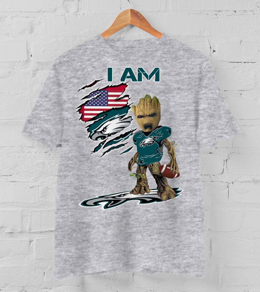 I Am Eagles Baby Groot Football American Flag T-Shirt