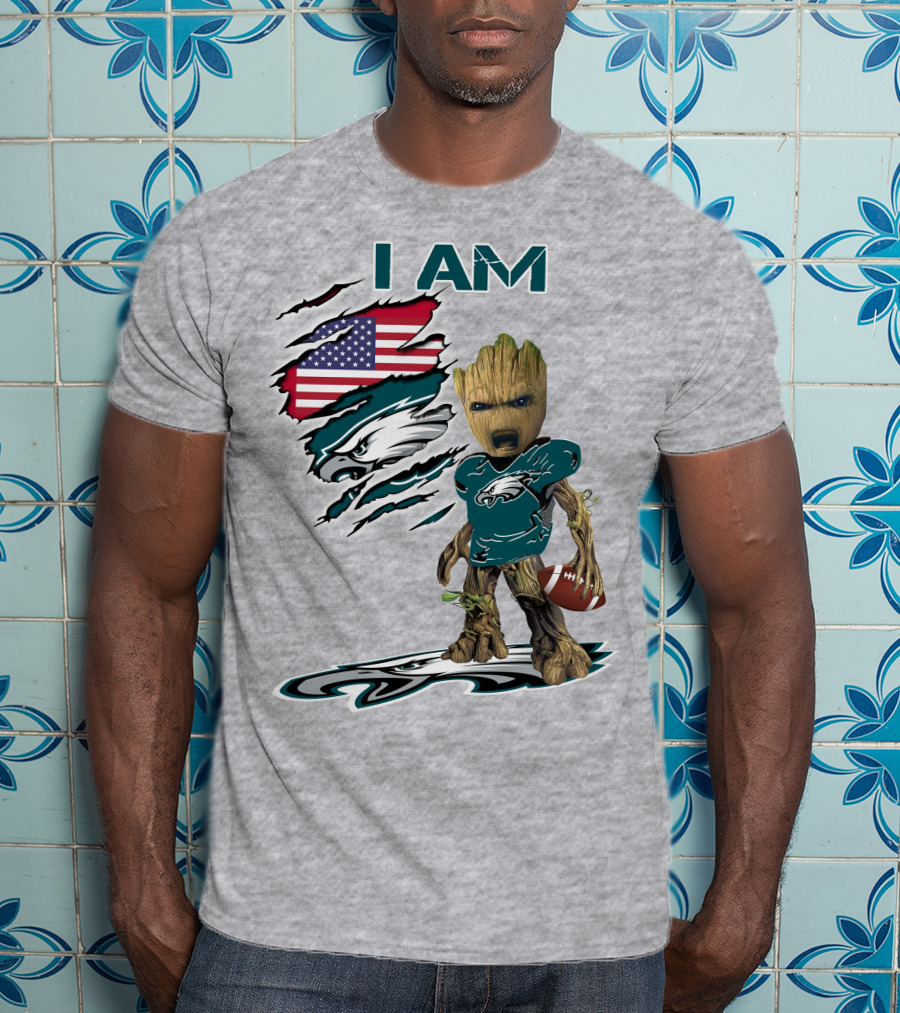 I Am Eagles Baby Groot Football American Flag T-Shirt