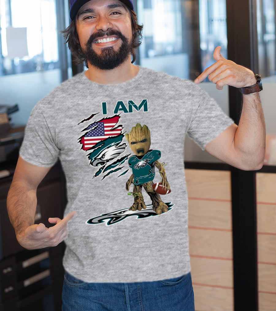 I Am Eagles Baby Groot Football American Flag T-Shirt