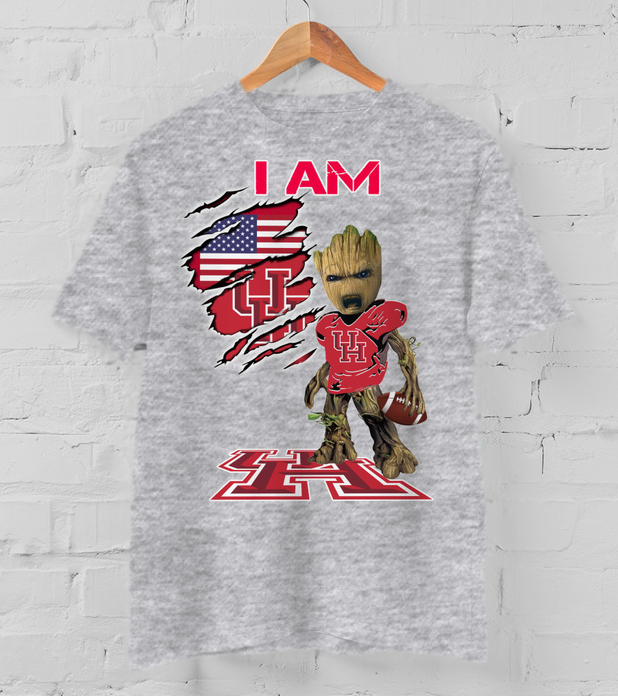 I AM Houtons Baby Groot UH Football American Flag Background T-Shirt