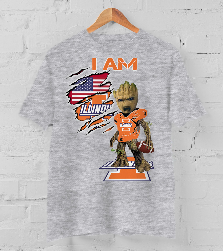 I AM Illinois Baby Groot Football American Flag T-Shirt