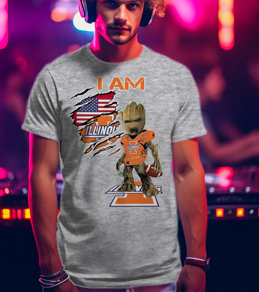 I AM Illinois Baby Groot Football American Flag T-Shirt