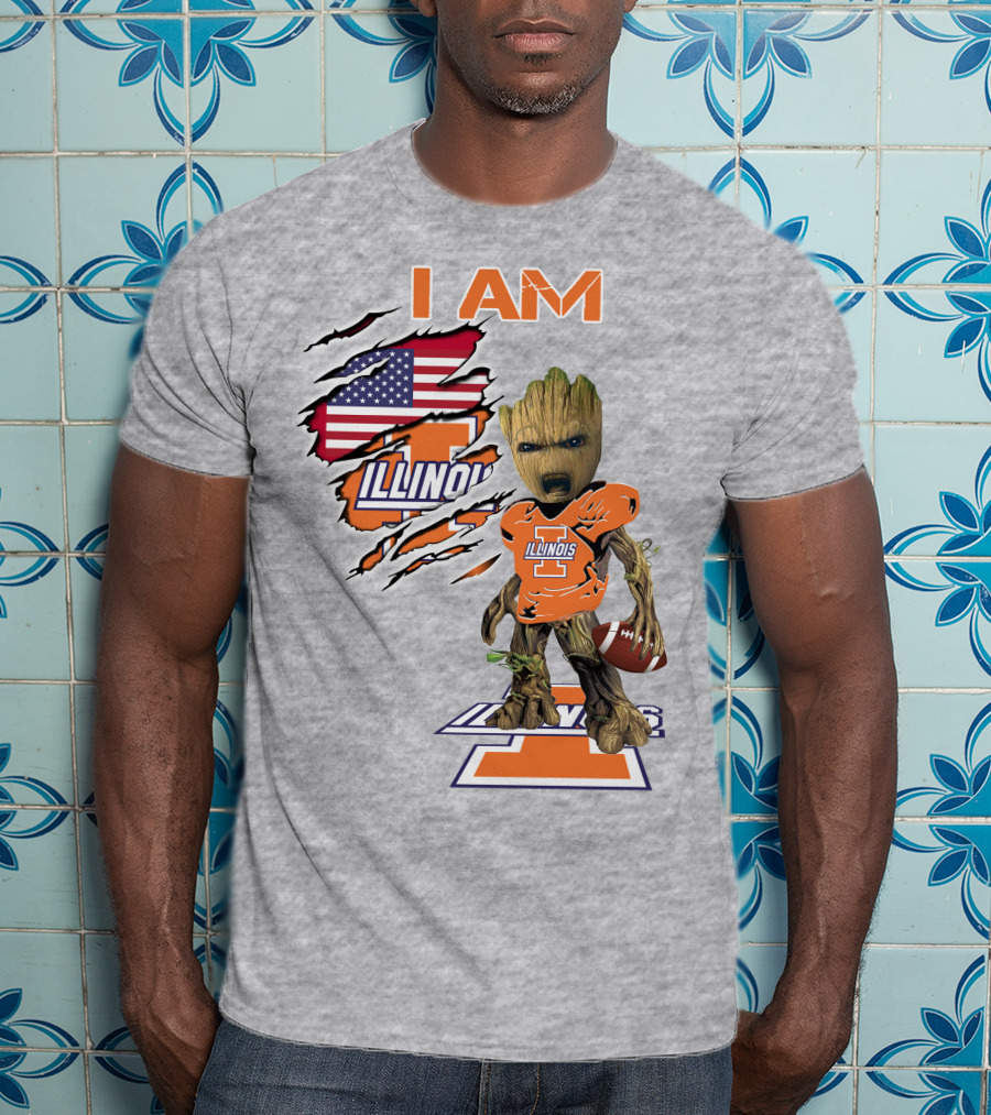 I AM Illinois Baby Groot Football American Flag T-Shirt