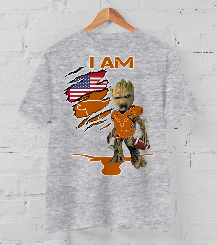 I AM Longhorn Baby Groot Football USA Flag T-Shirt