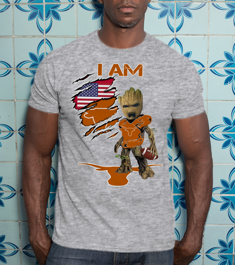 I AM Longhorn Baby Groot Football USA Flag T-Shirt