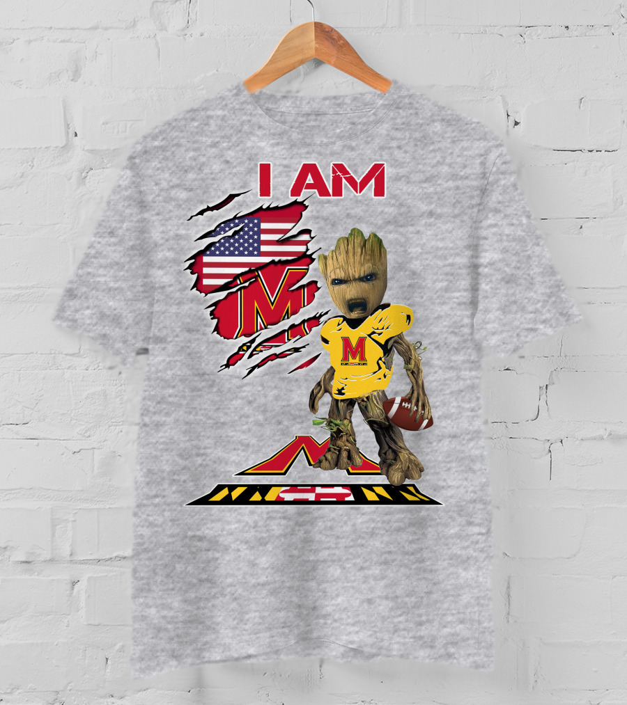 I AM Baby Groot Maryland Football American Flag M T-Shirt