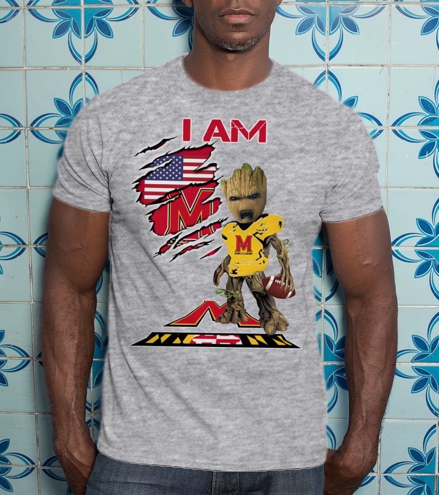 I AM Baby Groot Maryland Football American Flag M T-Shirt