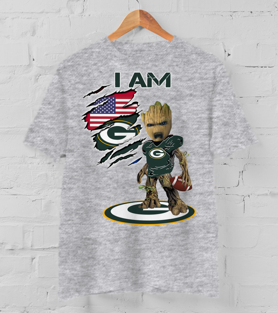 I Am Packers Baby Groot American Flag Football T-Shirt