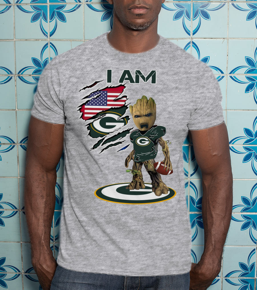 I Am Packers Baby Groot American Flag Football T-Shirt