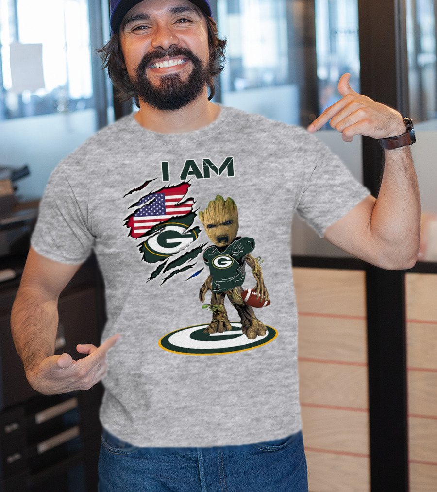 I Am Packers Baby Groot American Flag Football T-Shirt