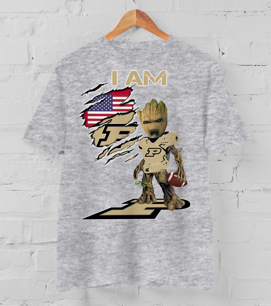 I AM Purdue Baby Groot Football American Flag P T-Shirt